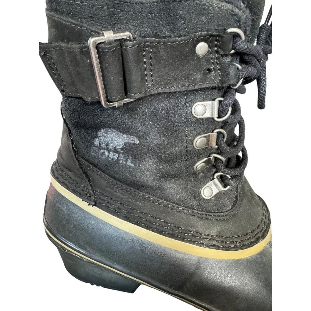 Sorel Slimpack Riding Black Suede Waterproof Duck Boots Heel Buckle Strap 8